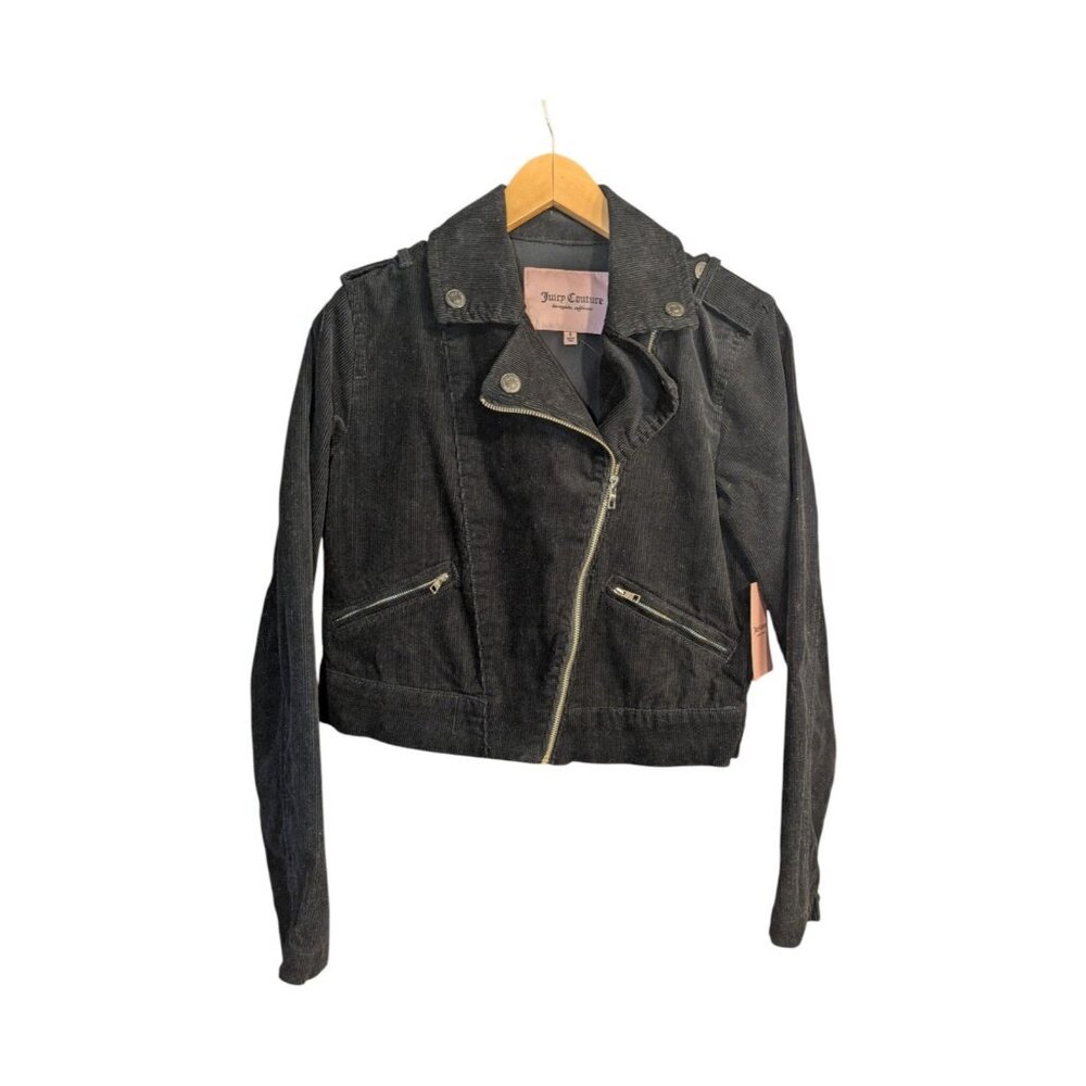 New Juicy Couture Women's Size S Corduroy Moto Black Jacket Zipper Buttons 17x23